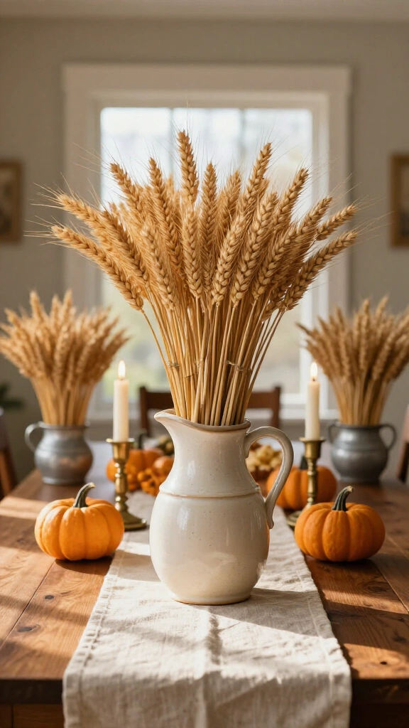 Dried wheat sheaves in ceramic pitchers