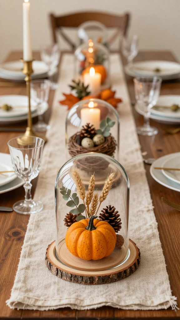Glass cloches over miniature autumn vignettes