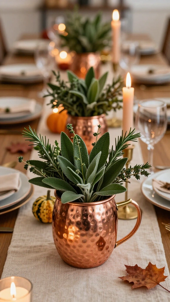 Copper mug herb centerpieces