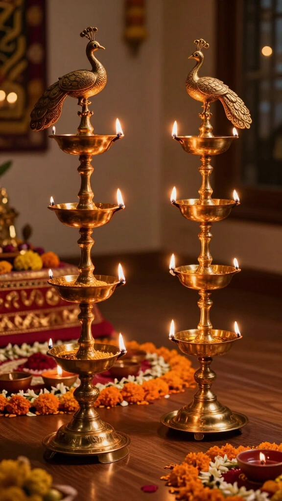 Multi-Tiered Brass Peacock Vilakku Lamps